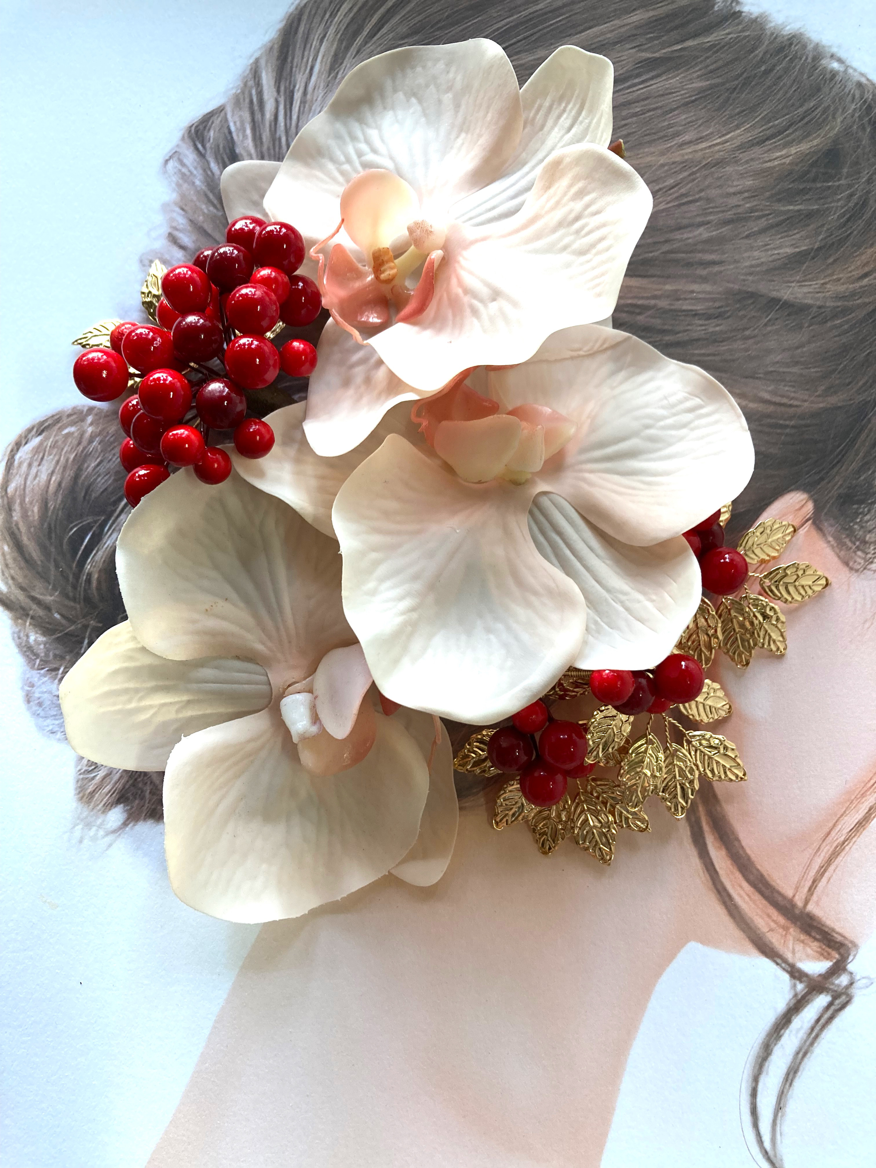 ピーチピンク胡蝶蘭　南天髪飾り×ピックセット　花嫁　ブライダル　振袖　成人式