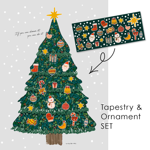 クリスマスツリー型タペストリー ハンドメイド 一点物 オーナメント付き 手書きクリスマスオーナメントセット】シンプルツリータペストリー／大