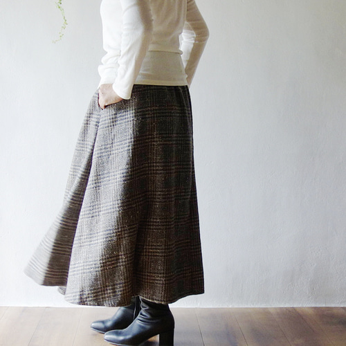 上質ウール100％【巻きスカート風スカート】チェック ナチュラル 中厚