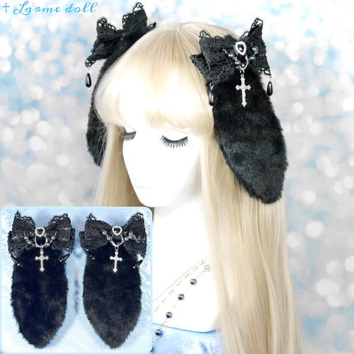 受注生産】《☥》たれうさ耳ロリィタリボンヘアクリップ(黒) ヘア  