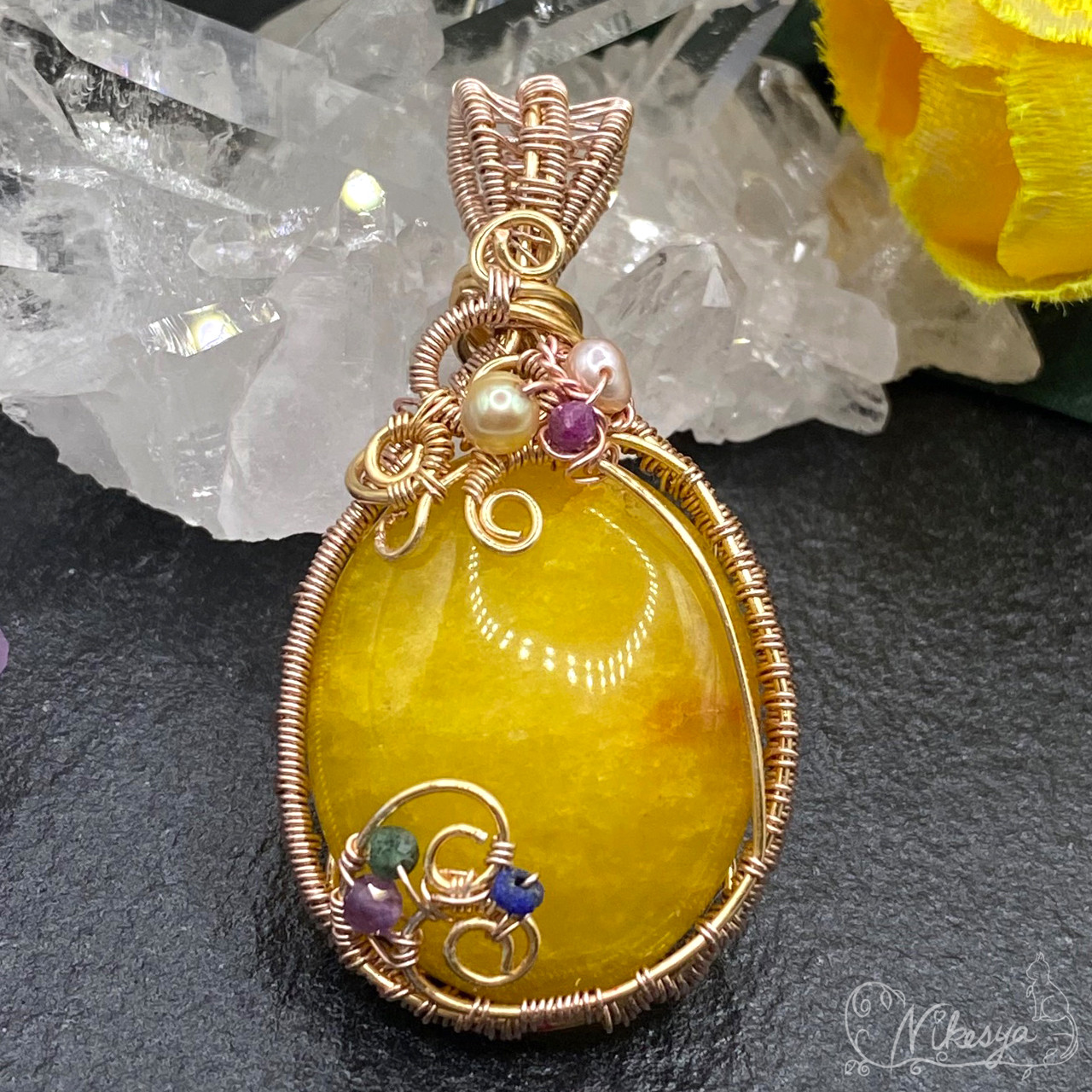 イエローカルセドニーのペンダントトップ【ワイヤーアクセサリー】【1点もの】【送料無料】