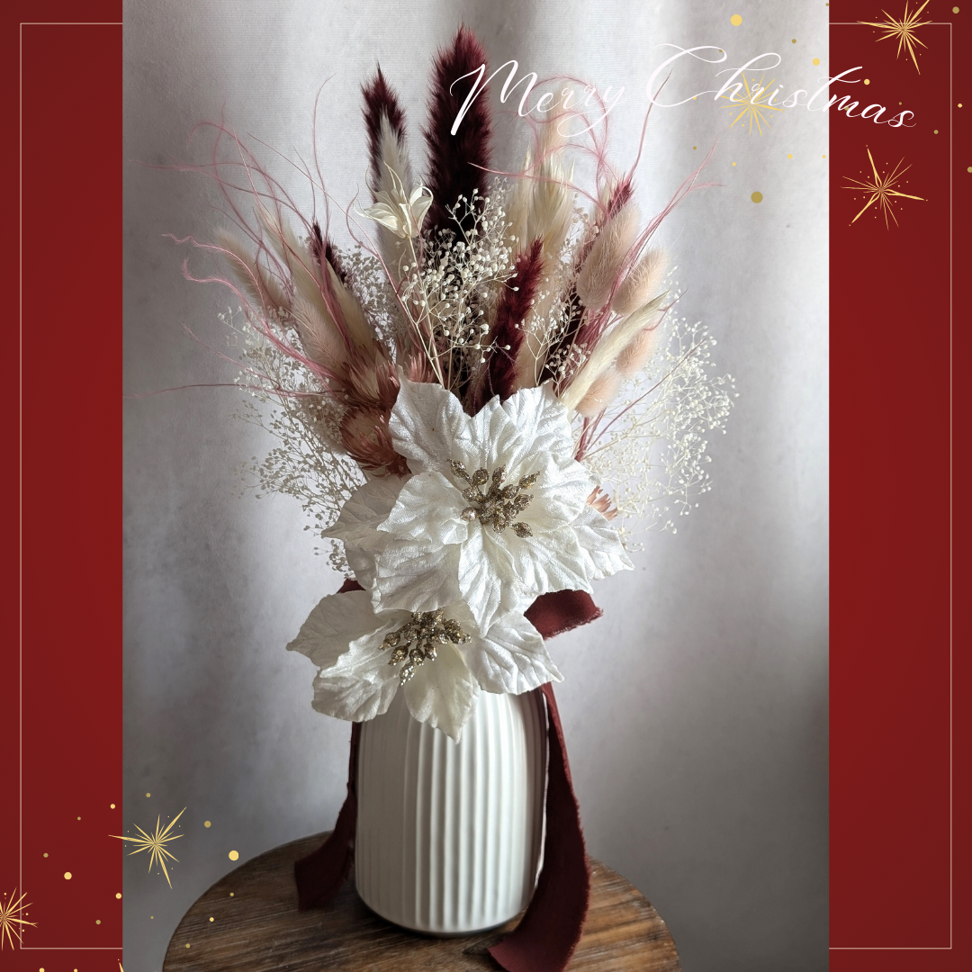 花瓶付きだから嬉しい！華やかなポインセチアのメリークリスマス！ドライフラワーアレンジメント　２WAY