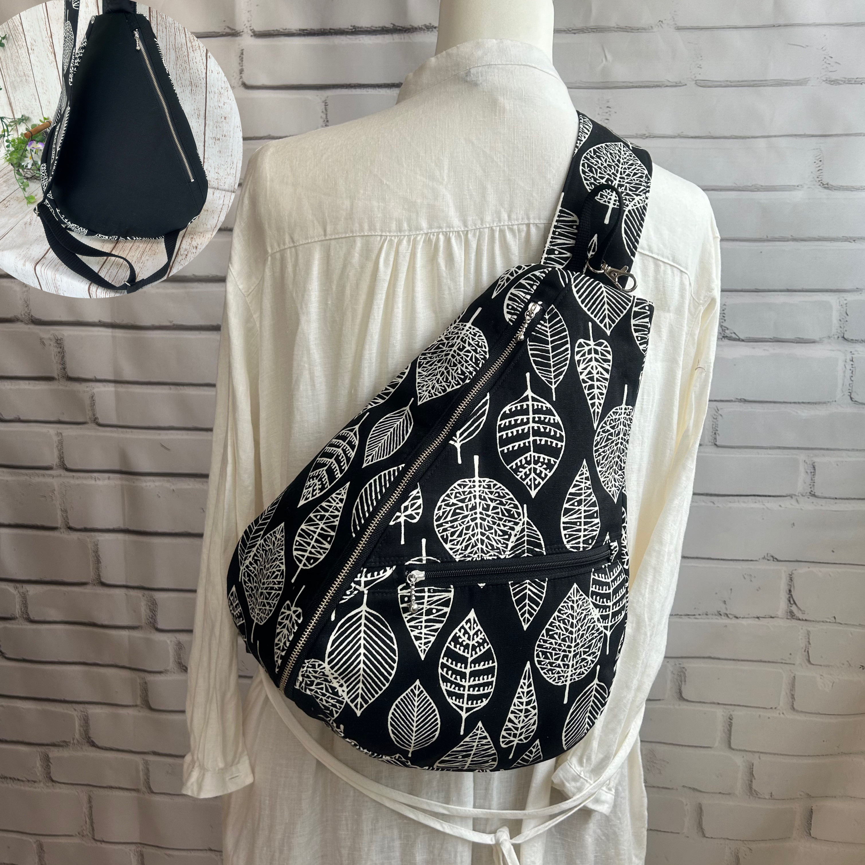 背面ファスナーポケット付き　軽量　しずく型　ワンショルダーバック　ボディーバック　長さ調節可能　北欧透かし葉柄