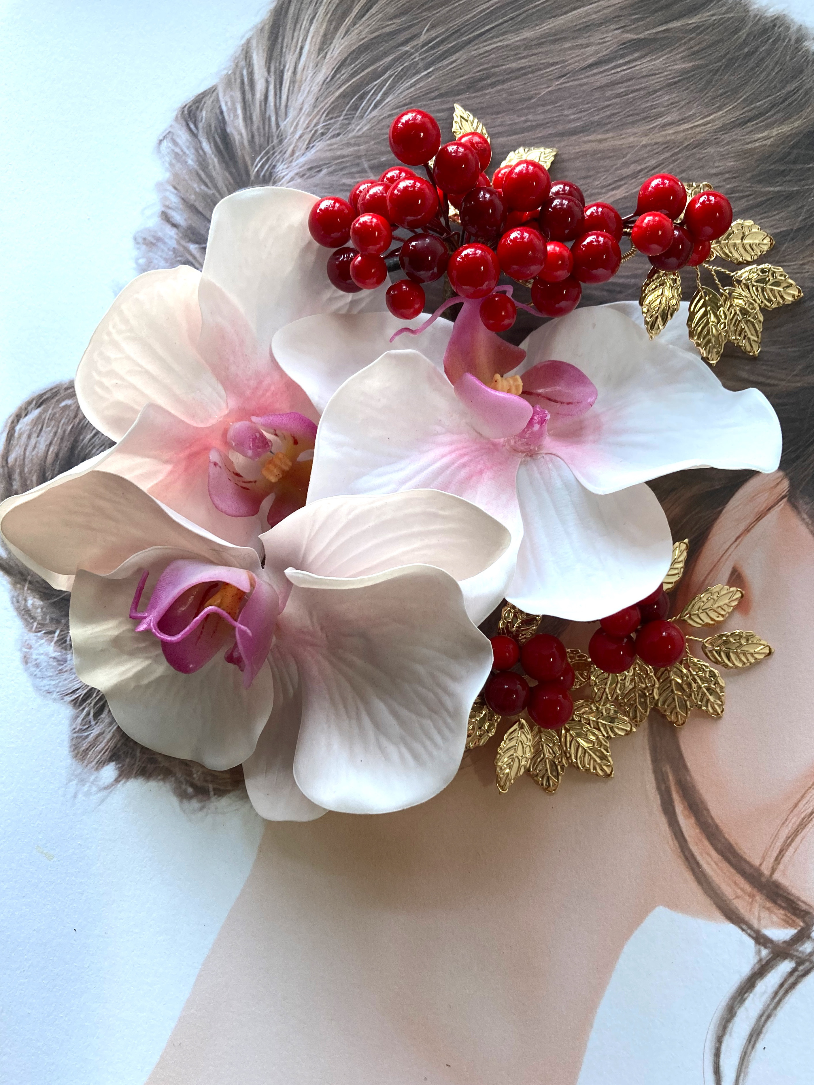 ピンクパープル胡蝶蘭　南天髪飾りピックセット　ブライダル　成人式　花嫁　打掛