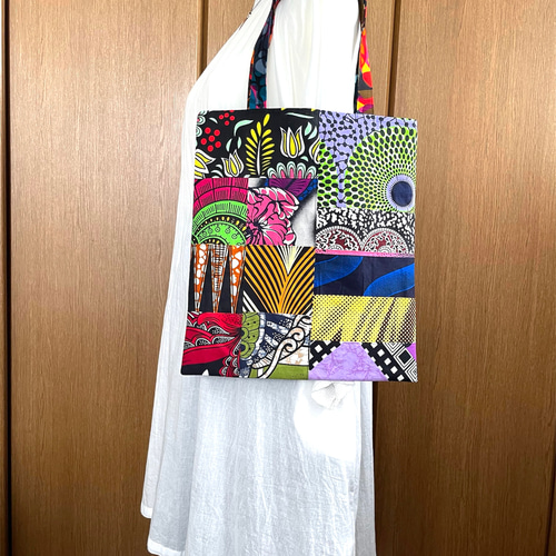 アフリカ布 カラフルパッチワークのペタンコトートバック アフリカン