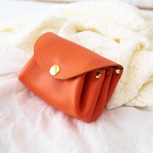 【もこもこ様オーダー】アコーディオン長財布・ぽてっとポーチ シュリンクレザー アコーディオンポーチ ミニ財布 オレンジ ポーチ