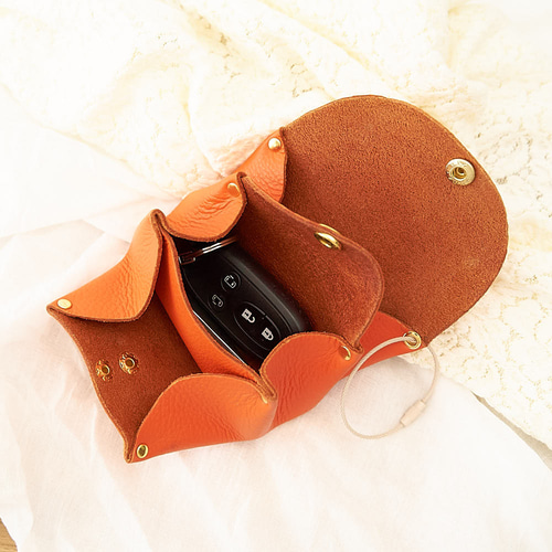シュリンクレザー アコーディオンポーチ ミニ財布 オレンジ ポーチ