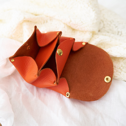 シュリンクレザー アコーディオンポーチ ミニ財布 オレンジ ポーチ