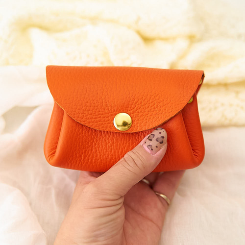 シュリンクレザー アコーディオンポーチ ミニ財布 オレンジ ポーチ  