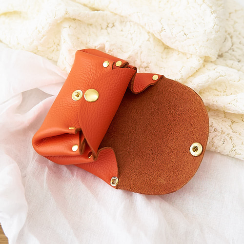 シュリンクレザー アコーディオンポーチ ミニ財布 オレンジ ポーチ