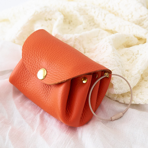 シュリンクレザー アコーディオンポーチ ミニ財布 オレンジ ポーチ