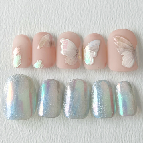 23))フレンチガーリー ネイルチップ ピンク ぷっくり ミラー オーロラネイル N403》既成ネイルチップ24枚セット ショート ピンク オーロラ