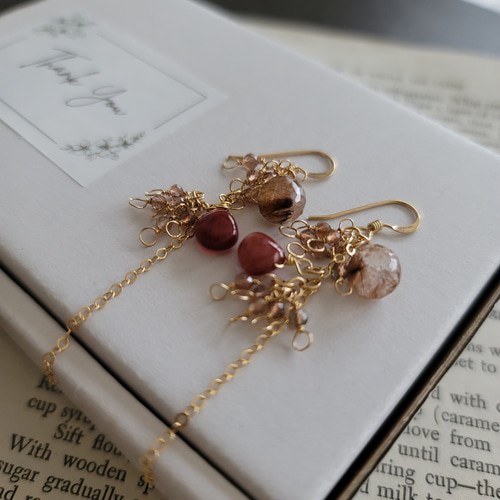 14kgf◇ゴールデンルチルクォーツ×アンデシンのピアス◇天然石 14kgf 】ゴールドルチルクォーツ×アンデシン×アンダリュサイト＊ピアス