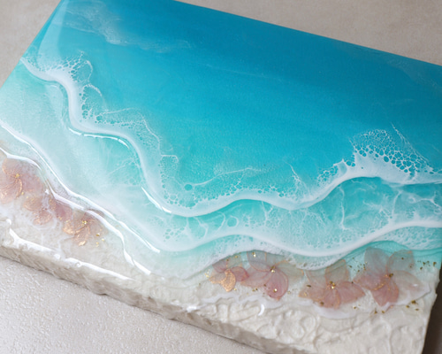 53㎝　レジンアート　海　プルメリア　絵画　原画　まあちゃんとなります 浜辺に流れるプルメリアの夢 海レジンアート 波アート その他
