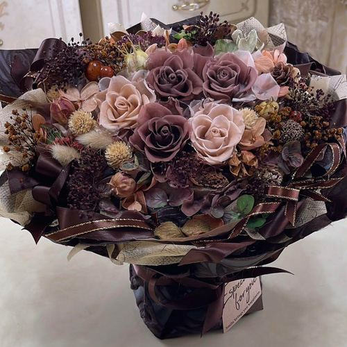 ✨特大✨たくさんのミックスバラプリザーブドアレンジ✨ラッピングのまま飾れますよ 送料無料、ラッピング込み】✨茶色＆ベージュバラミックス
