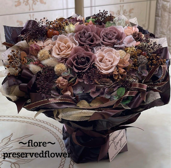 ✨特大✨バラミックスプリザアレンジ✨ラッピングのまま飾れますよ✨ 送料無料、ラッピング込み】✨茶色＆ベージュバラミックス