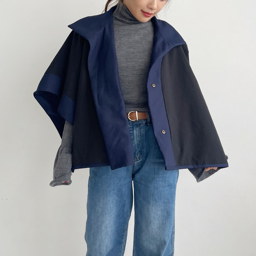 nuito ダブルレイヤードポンチョ　Black 2wayデニムライクショートポンチョ(navyblue x black) コート