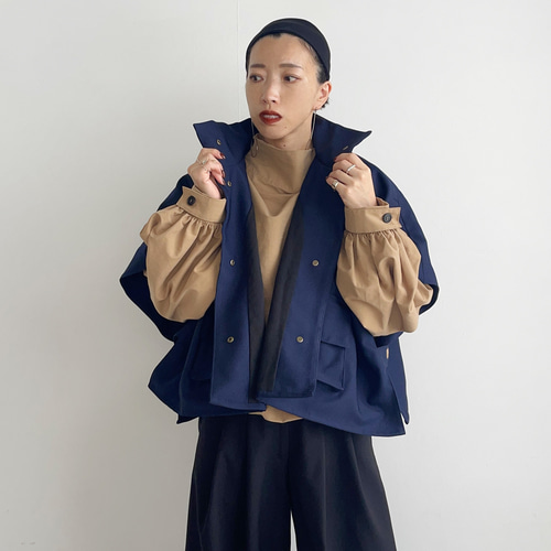 ジョアン　ポンチョ　フーディー ネイビー　藍染 和柄　ショート丈　　長袖 2wayデニムライクショートポンチョ(navyblue x black) コート