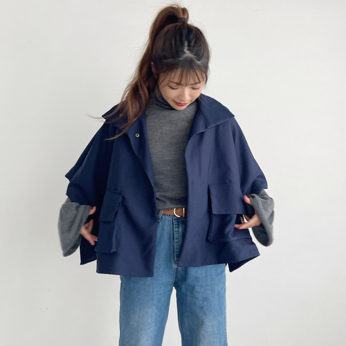 2wayデニムライクショートポンチョ(navyblue x black) コート MELUMO
