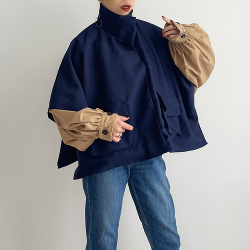 2wayデニムライクショートポンチョ(navyblue x black) コート