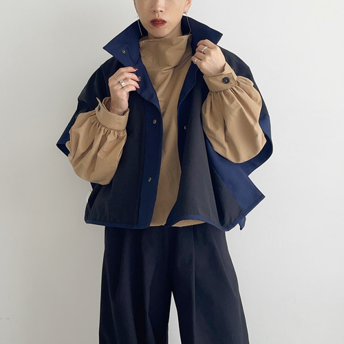 2wayデニムライクショートポンチョ(navyblue x black) コート MELUMO