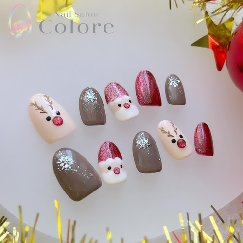 ぷっくりお鼻のサンタとトナカイネイル ネイルチップ（つけ爪） nail