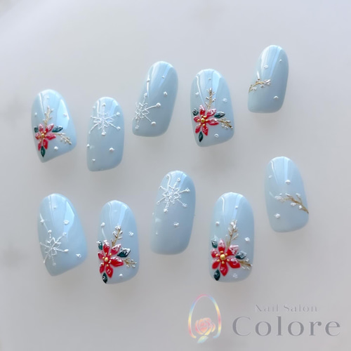 色が選べる】雪降るポインセチアのネイルチップ ネイルチップ（つけ爪