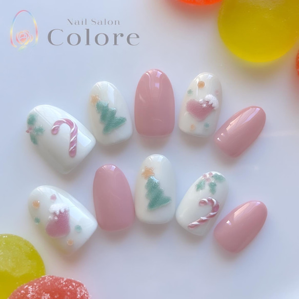 【オーダー】ネイルチップ クリスマスネイル キラキラネイル キラキラパーツのクリスマスリースネイル-pink red-◇ネイルチップ