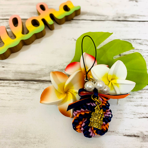 ✿ぷりん♡　リボンレイ　✿パステルレインボー×モモ　リボンレイチャーム❤ ハロウィン♡ハワイアンリボンレイ ストラップ おばけチャームつき