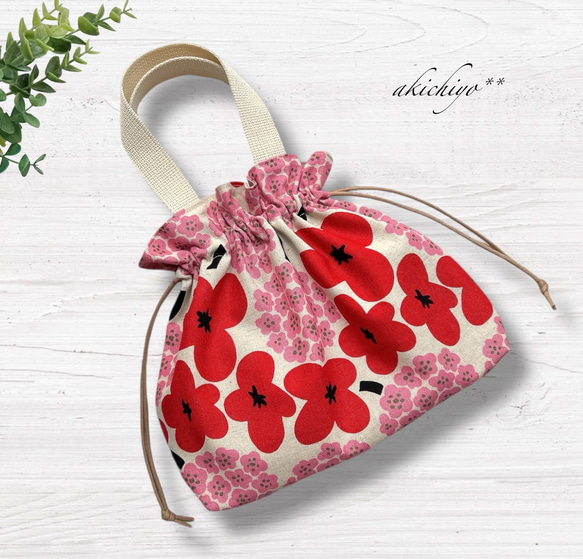 巾着トートバッグ** 北欧 full bloom（ピンク＆レッド）サブバッグ