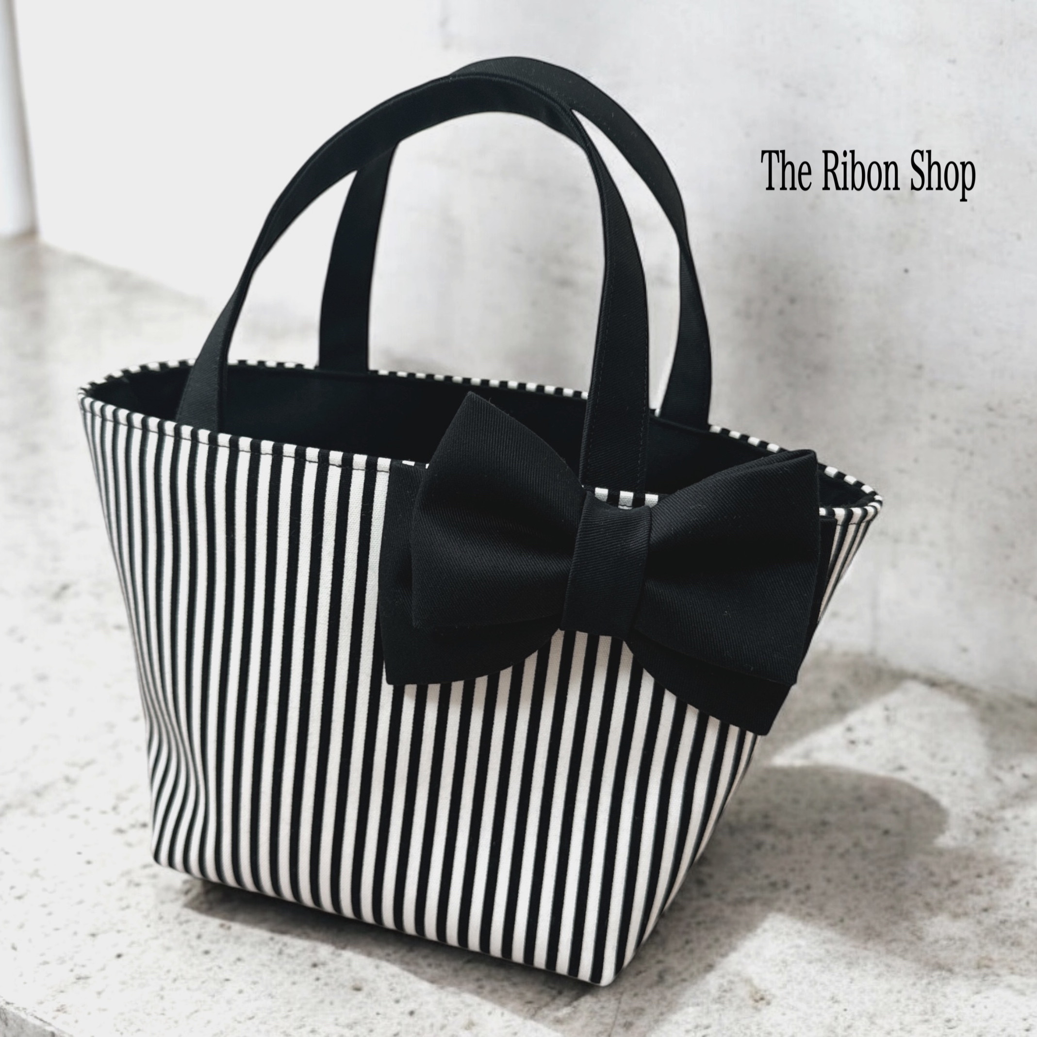 ハンドルリボンのミニトートバッグ♡ストライプ S size