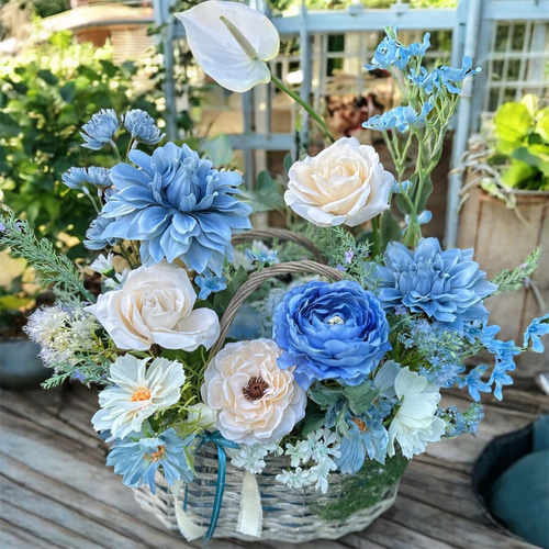 光触媒　人工観葉植物　ウォールグリーン　フェイクグリーン　お供え花一対2個セット 光触媒 人工観葉植物 ウォールグリーン フェイクグリーン 盛り籠ブルー