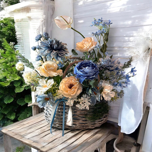 光触媒 人工観葉植物 ウォールグリーン フェイクグリーン 盛り籠ブルー