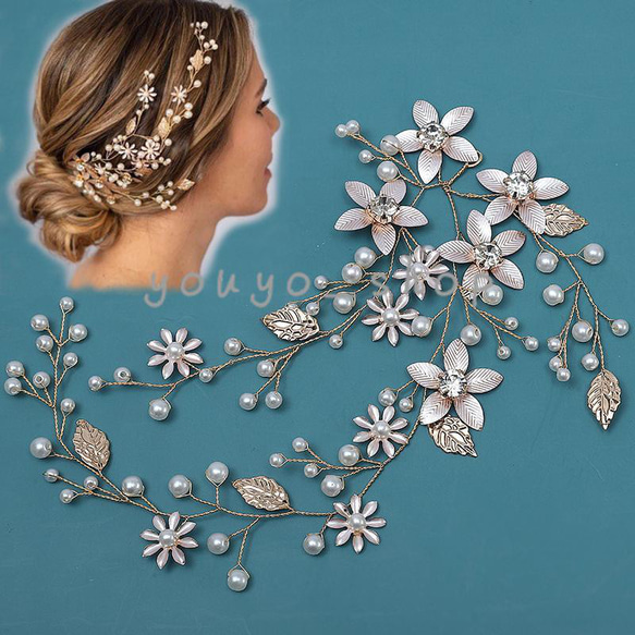 ヘッドドレス ウェディング ヘアアクセサリー 小枝 花 ブライダル 髪飾り 花嫁 カチューシャ ヘアピン パール 結婚式 13枚目の画像