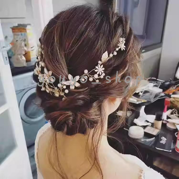 ヘッドドレス ウェディング ヘアアクセサリー 小枝 花 ブライダル 髪飾り 花嫁 カチューシャ ヘアピン パール 結婚式 6枚目の画像