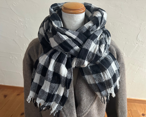 ウールガーゼ 大判ストールマフラー（ブロックチェック）＊ ストール