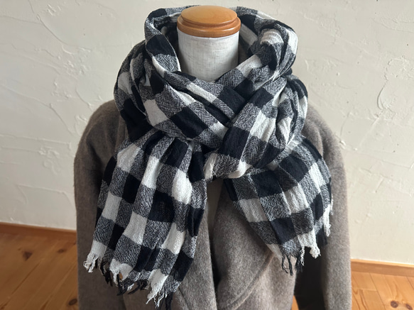 ＊　ウールガーゼ　大判ストールマフラー（ブロックチェック）＊ 1枚目の画像