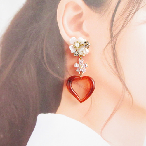 お花ビジューと秋色ハート イヤリング ピアス 花 フラワー ビジュー 