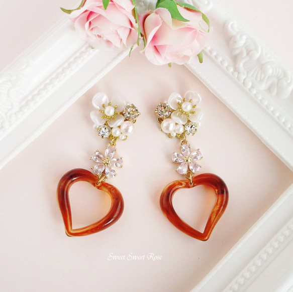 お花ビジューと秋色ハート イヤリング ピアス 花 フラワー ビジュー 