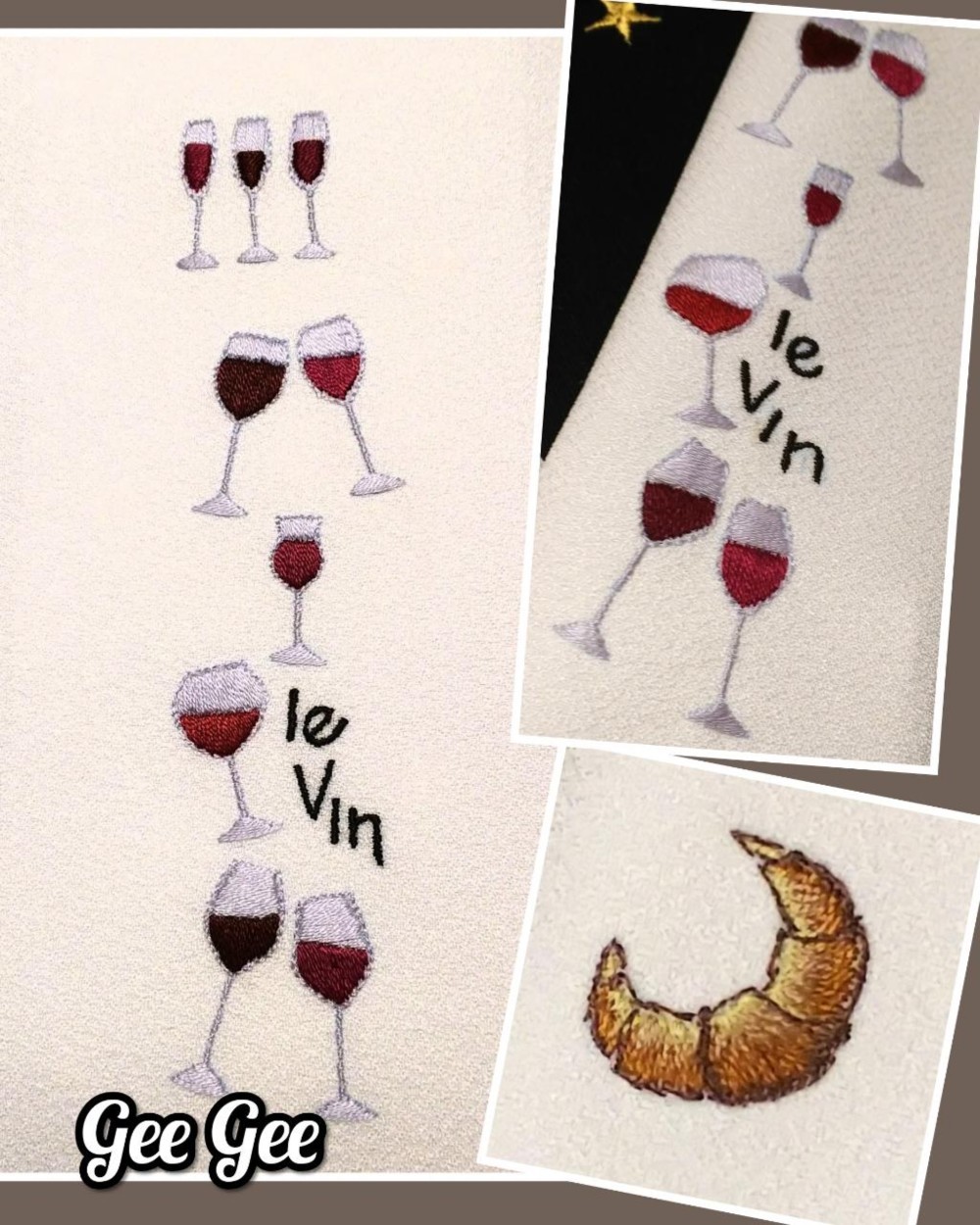 再販　手刺繍半襟  ワインとパン