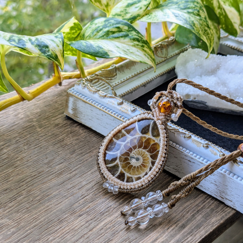 アンモナイト化石 マクラメネックレス ☆アンモナイト(化石)☆マクラメ編みネックレス 230・マクラメ