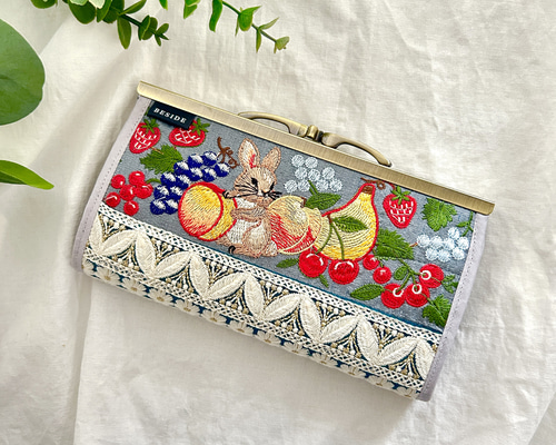 ☆ゆうか☆　長財布、ミニ財布2点　インド刺繍ピンク系　ハンドメイド うさぎさん インド刺繍リボン 長財布 お財布ショルダーにも がま口