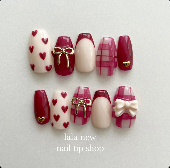 ネイルチップ チェックネイル リボンネイル ネイルチップ（つけ爪