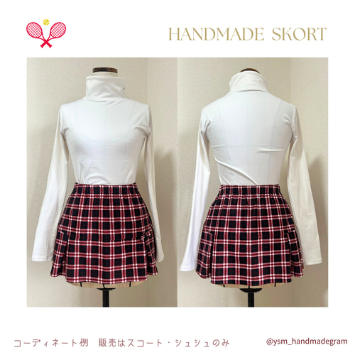 レッドブラックチェック柄 テニススコート 両サイドポケ付き