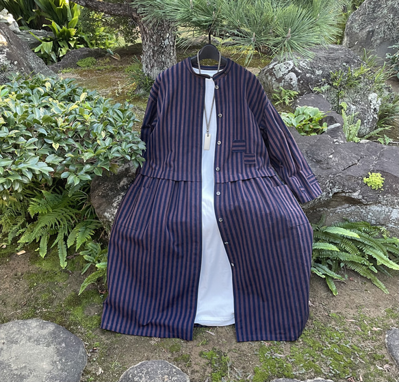 着物リメイク】バンドカラーのコートワンピース/ギャザー/綿 コート