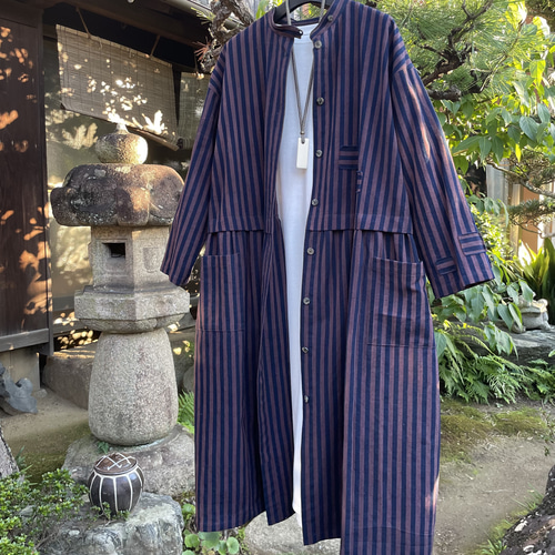 着物リメイク】バンドカラーのコートワンピース/ギャザー/綿 コート