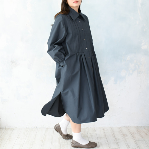 完全一点物】タックギャザーワンピース（チャコールグレー