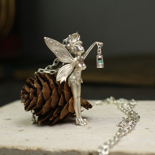 オリジナルスターリングシルバーピクシーペンダント少女ケルブ翼
