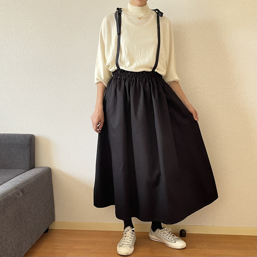 チノクロススカート サスペンダー付きスカート 黒 リボン ロング