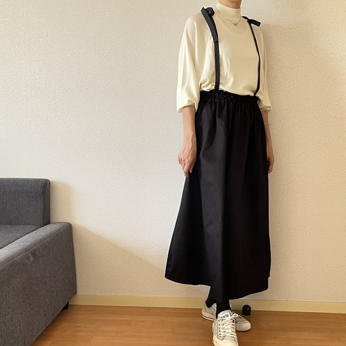 チノクロススカート サスペンダー付きスカート 黒 リボン ロング